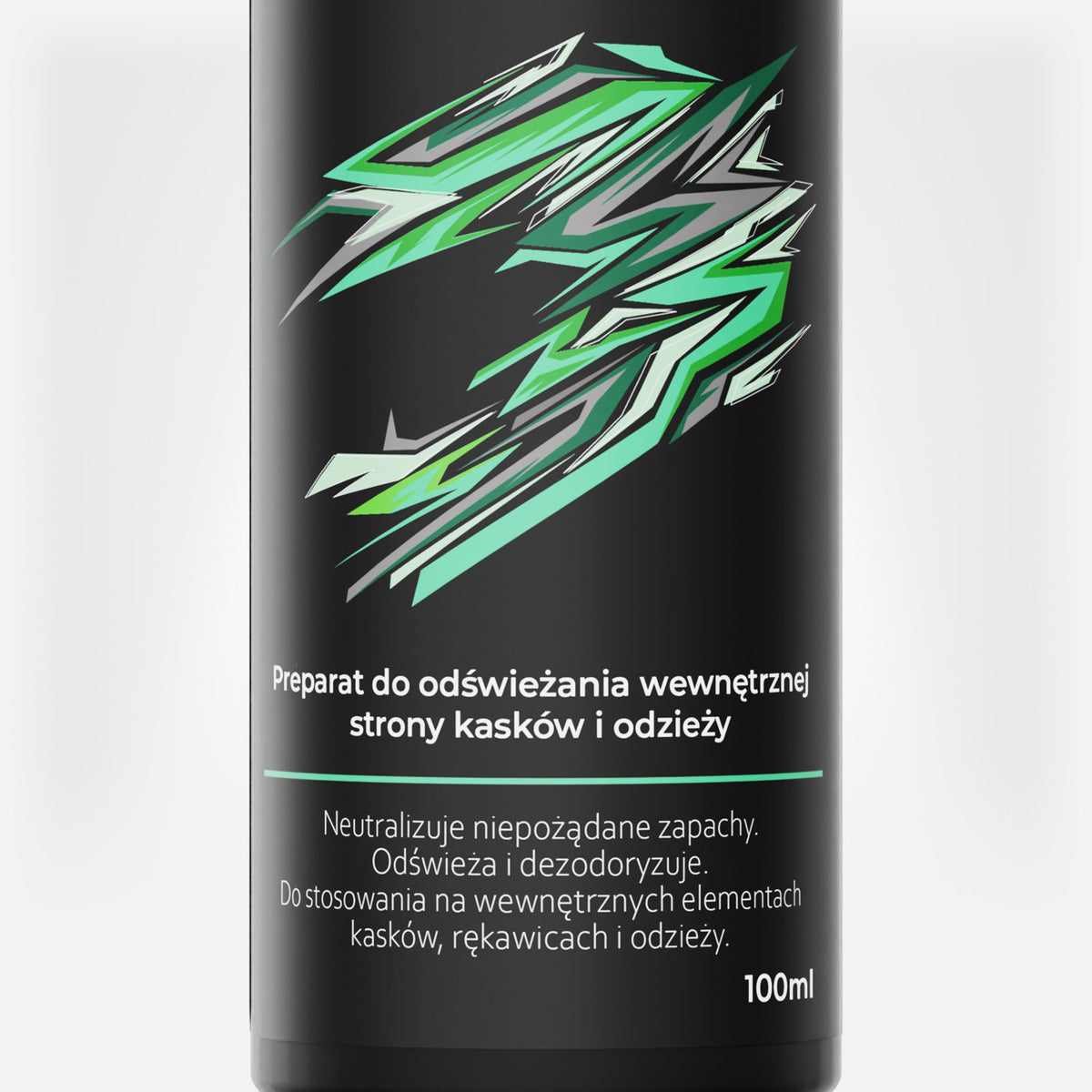 Etykieta Mr. MOTUS Helmet Fresh z bliska: neutralizuje niepożądane zapachy, odświeża i dezodoryzuje.