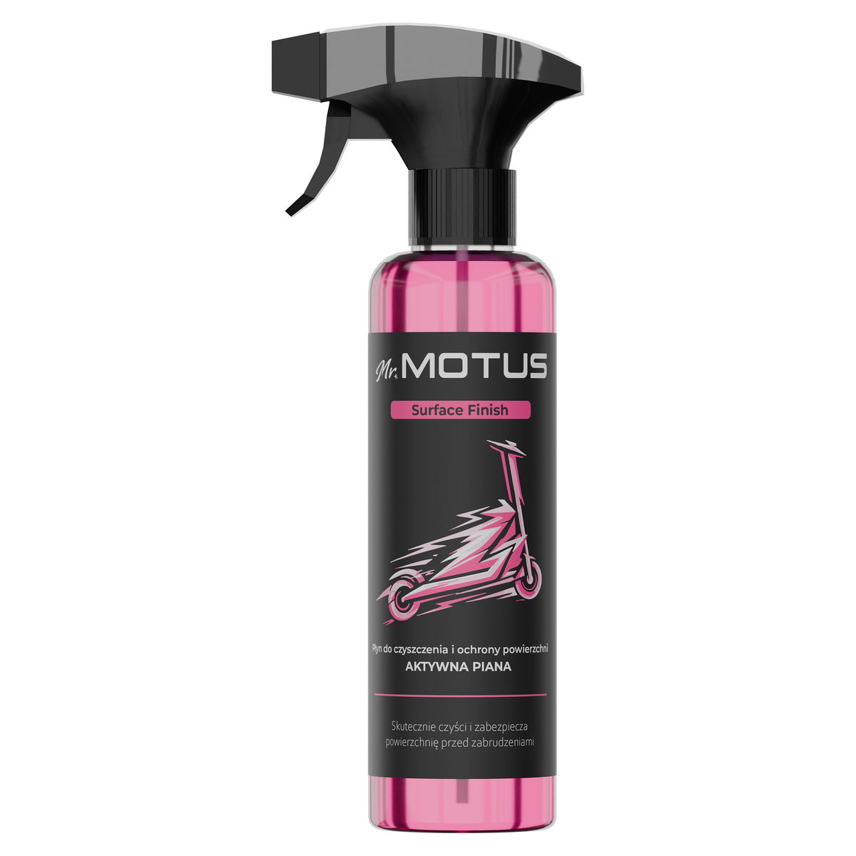 Butelka płynu Mr. MOTUS Surface Finish 500 ml z różowym płynem i czarnym spryskiwaczem, na białym tle.