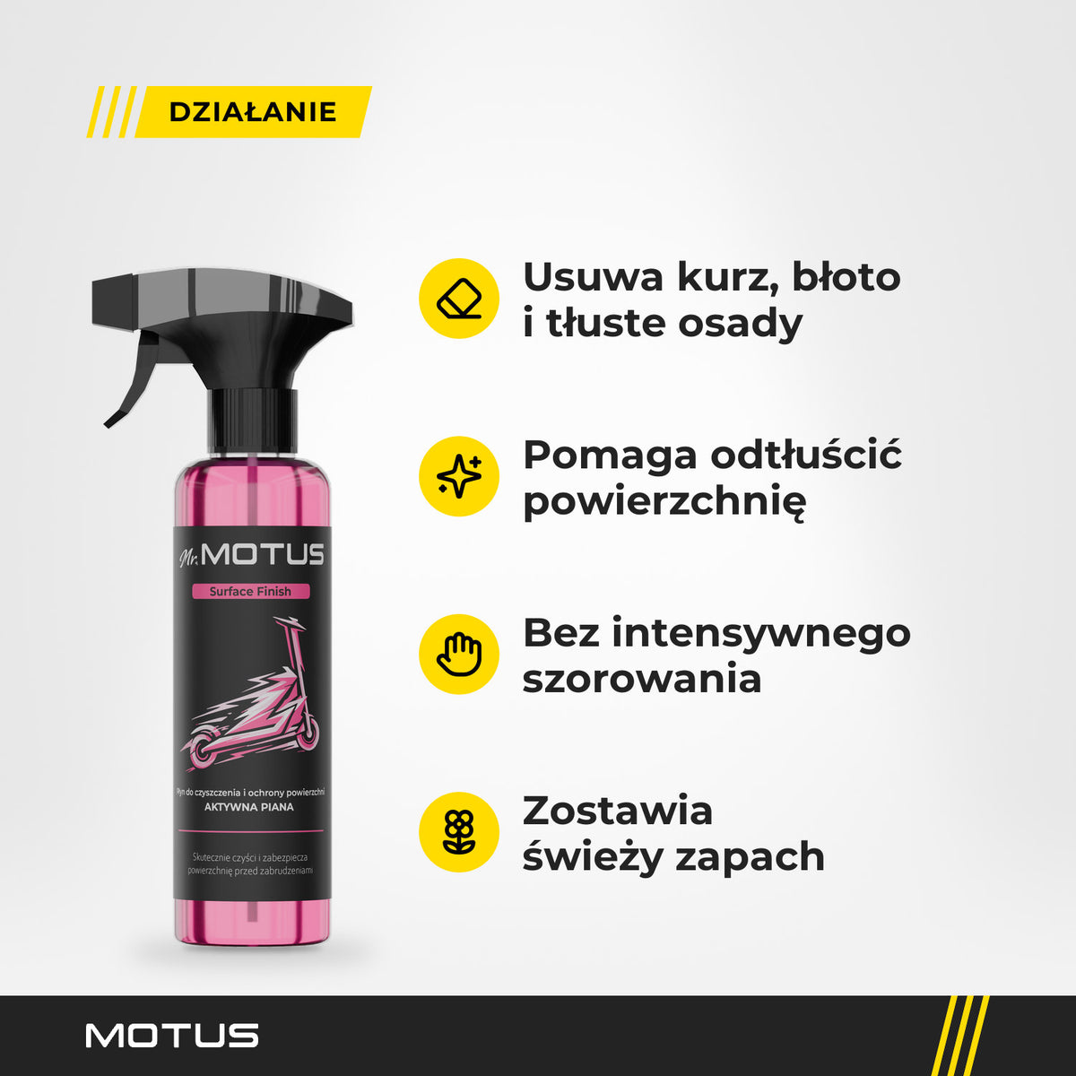 Działanie płynu Mr. MOTUS Surface Finish: usuwa kurz, błoto i tłuste osady, pomaga odtłuścić powierzchnię i zostawia świeży zapach.
