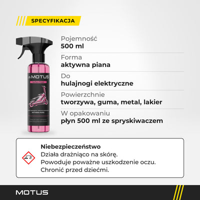 Specyfikacja Mr. MOTUS Surface Finish: 500 ml, aktywna piana do hulajnóg elektrycznych, piktogram GHS05 i hasło Niebezpieczeństwo.