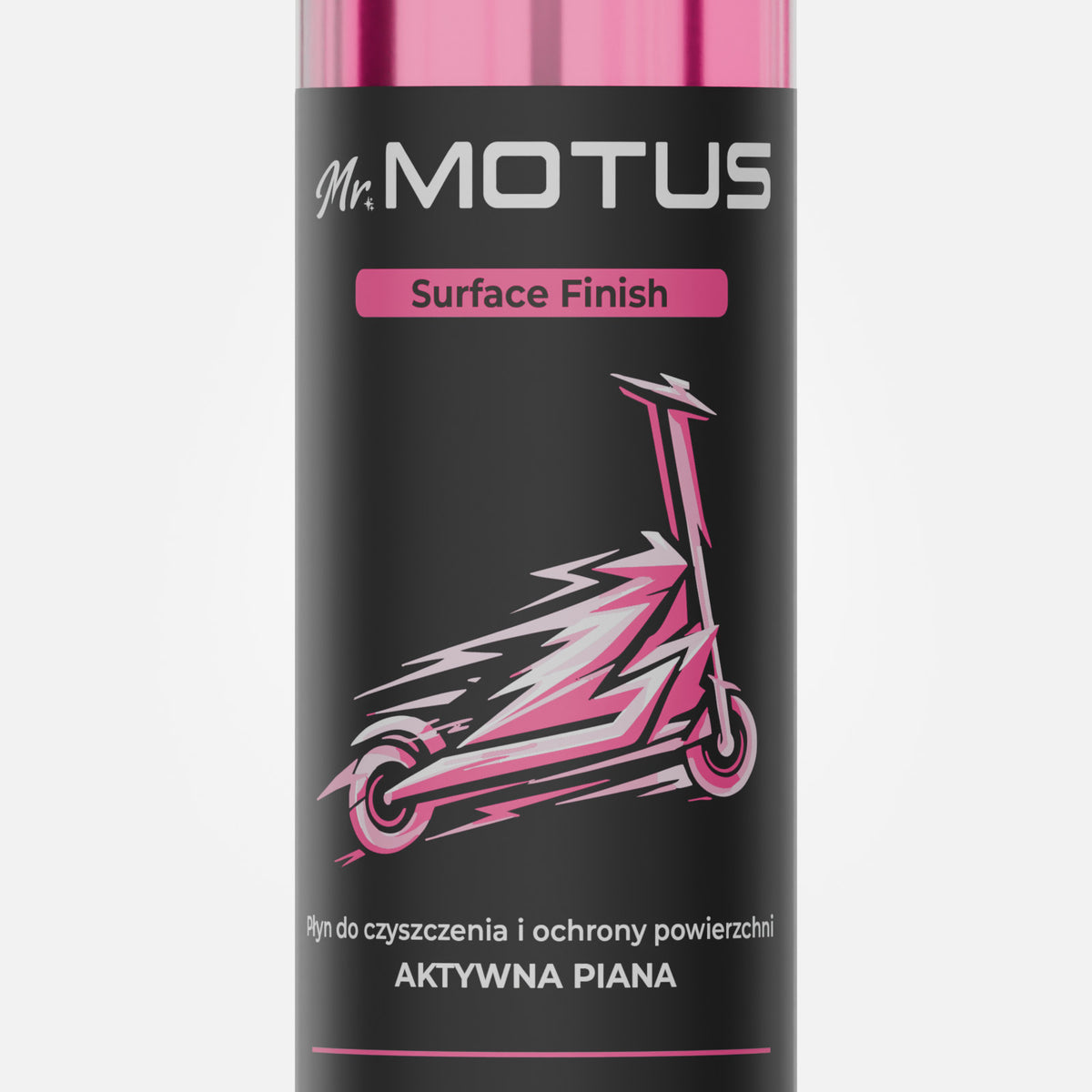 Etykieta płynu Mr. MOTUS Surface Finish z bliska: logo, rysunek hulajnogi i napis Aktywna piana.
