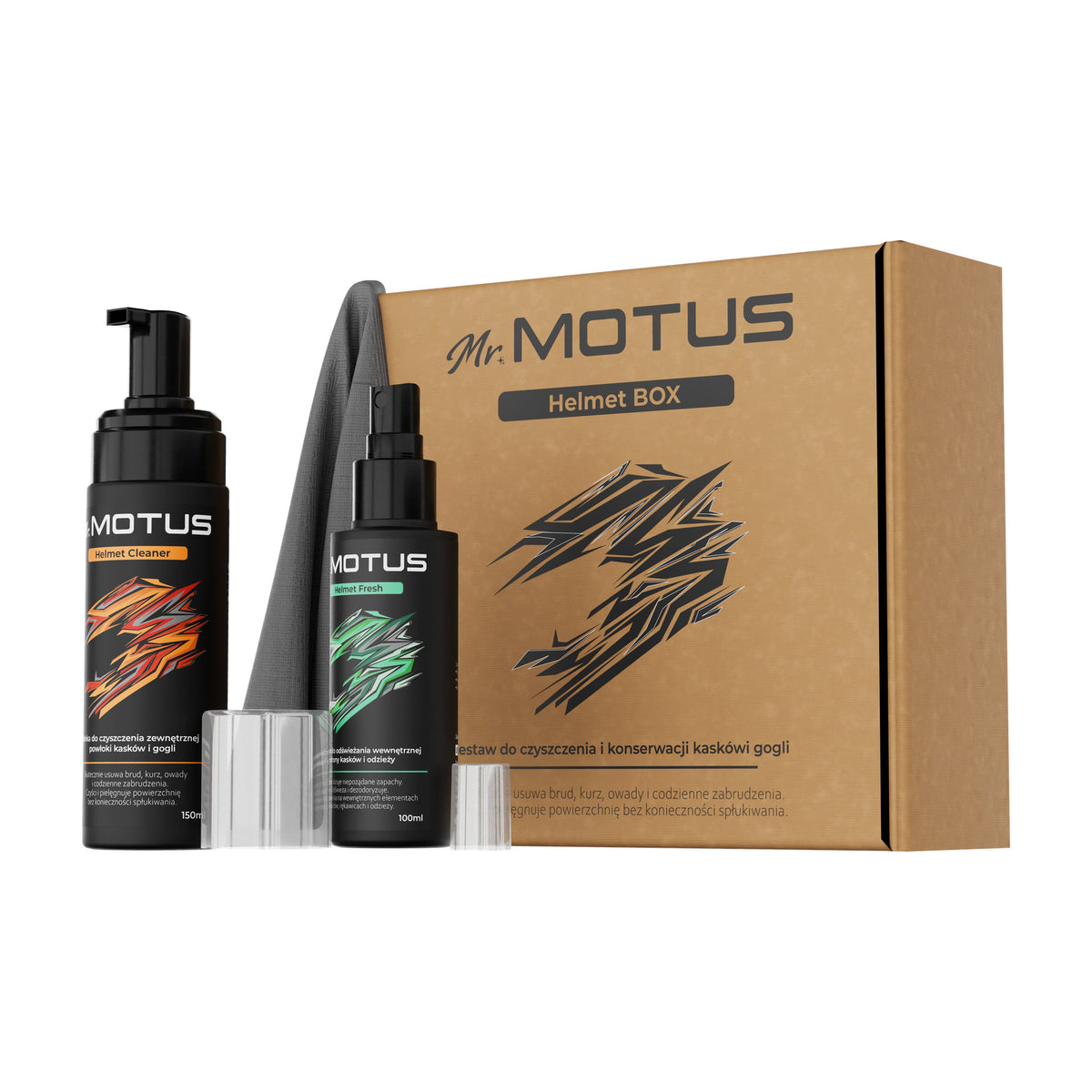 Zestaw do czyszczenia kasku Mr. MOTUS: pianka Helmet Cleaner 150 ml, spray Helmet Fresh 100 ml, szara ściereczka z mikrofibry i karton z napisem Helmet BOX.