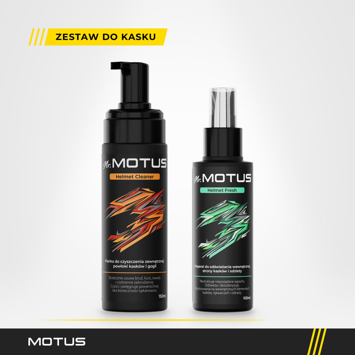 Pianka Mr. MOTUS Helmet Cleaner 150 ml z pompką i spray Helmet Fresh 100 ml z zestawu do czyszczenia kasku, na jasnym tle.