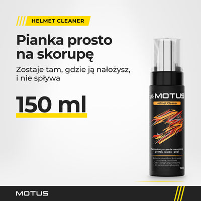 Pianka Mr. MOTUS Helmet Cleaner 150 ml z nasadką na jasnym tle. Pianka prosto na skorupę: zostaje tam, gdzie ją nałożysz, i nie spływa.