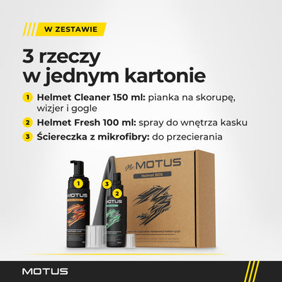 W zestawie Mr. MOTUS: pianka Helmet Cleaner 150 ml do skorupy, wizjera i gogli, spray Helmet Fresh 100 ml do wnętrza kasku i ściereczka z mikrofibry.