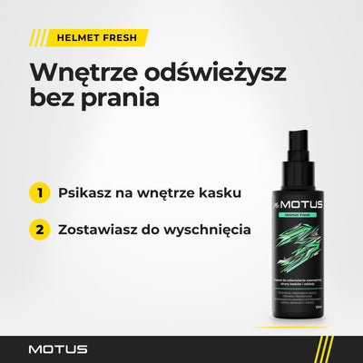 Odświeżanie wnętrza kasku w 2 krokach: psikasz Mr. MOTUS Helmet Fresh 100 ml na wnętrze kasku i zostawiasz do wyschnięcia. Bez prania.