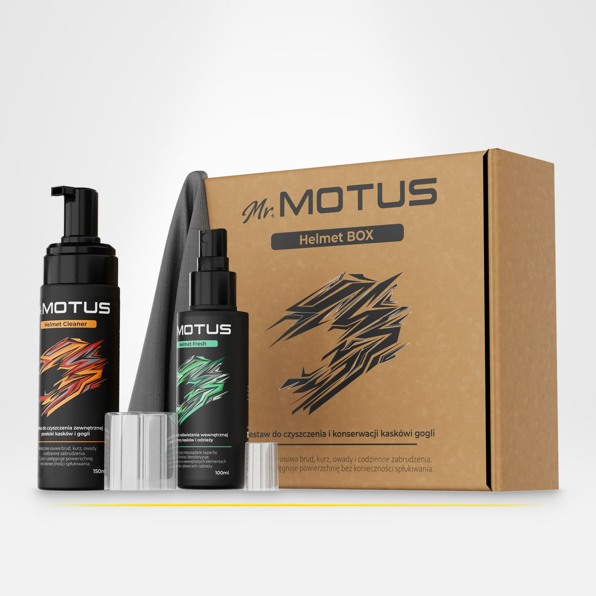 Zestaw do czyszczenia kasku Mr. MOTUS: karton z napisem Helmet BOX, pianka Helmet Cleaner i spray Helmet Fresh.