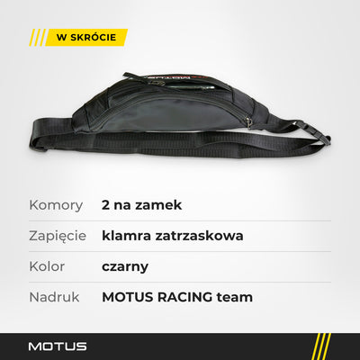 Nerka MOTUS w skrócie: 2 komory na zamek, pas z klamrą zatrzaskową, kolor czarny, nadruk MOTUS RACING team.