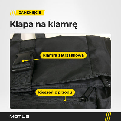 Klapa plecaka Motus z bliska z podpisami: klamra zatrzaskowa na taśmie i zamek kieszeni z przodu.