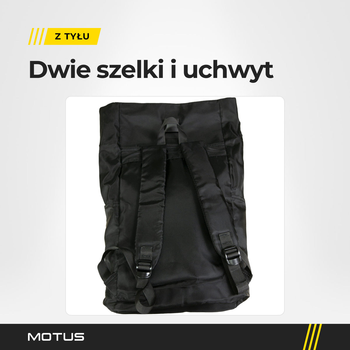Tył plecaka Motus: uchwyt z taśmy u góry i dwie szelki z klamrami na dole.