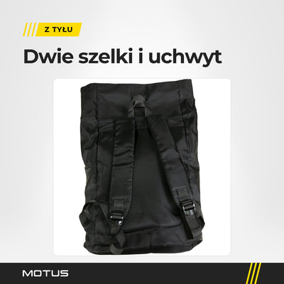 Tył plecaka Motus: uchwyt z taśmy u góry i dwie szelki z klamrami na dole.