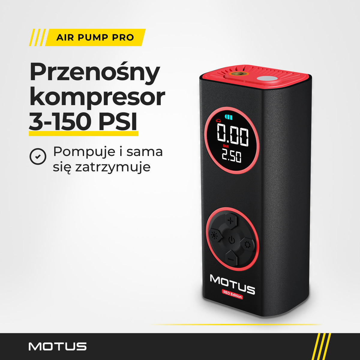Pompka elektryczna MOTUS AirPump PRO w kolorze czerwonym: przenośny kompresor 3-150 PSI z automatycznym zatrzymaniem.