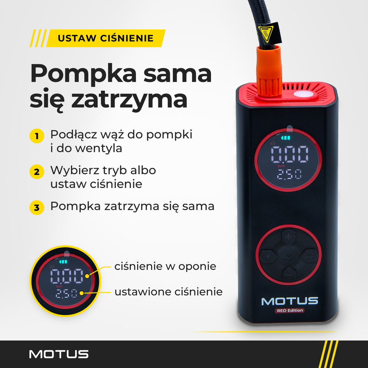 Pompka MOTUS AirPump PRO w kolorze czerwonym z podłączonym wężem i 3 kroki: podłącz wąż, ustaw ciśnienie, pompka zatrzyma się sama.