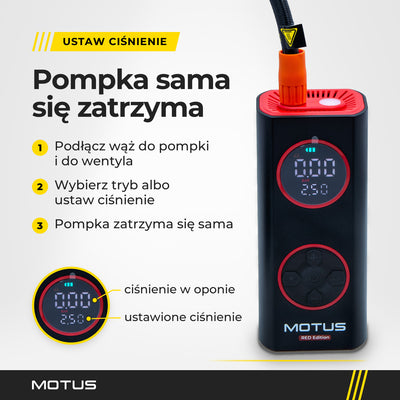 Pompka MOTUS AirPump PRO w kolorze czerwonym z podłączonym wężem i 3 kroki: podłącz wąż, ustaw ciśnienie, pompka zatrzyma się sama.