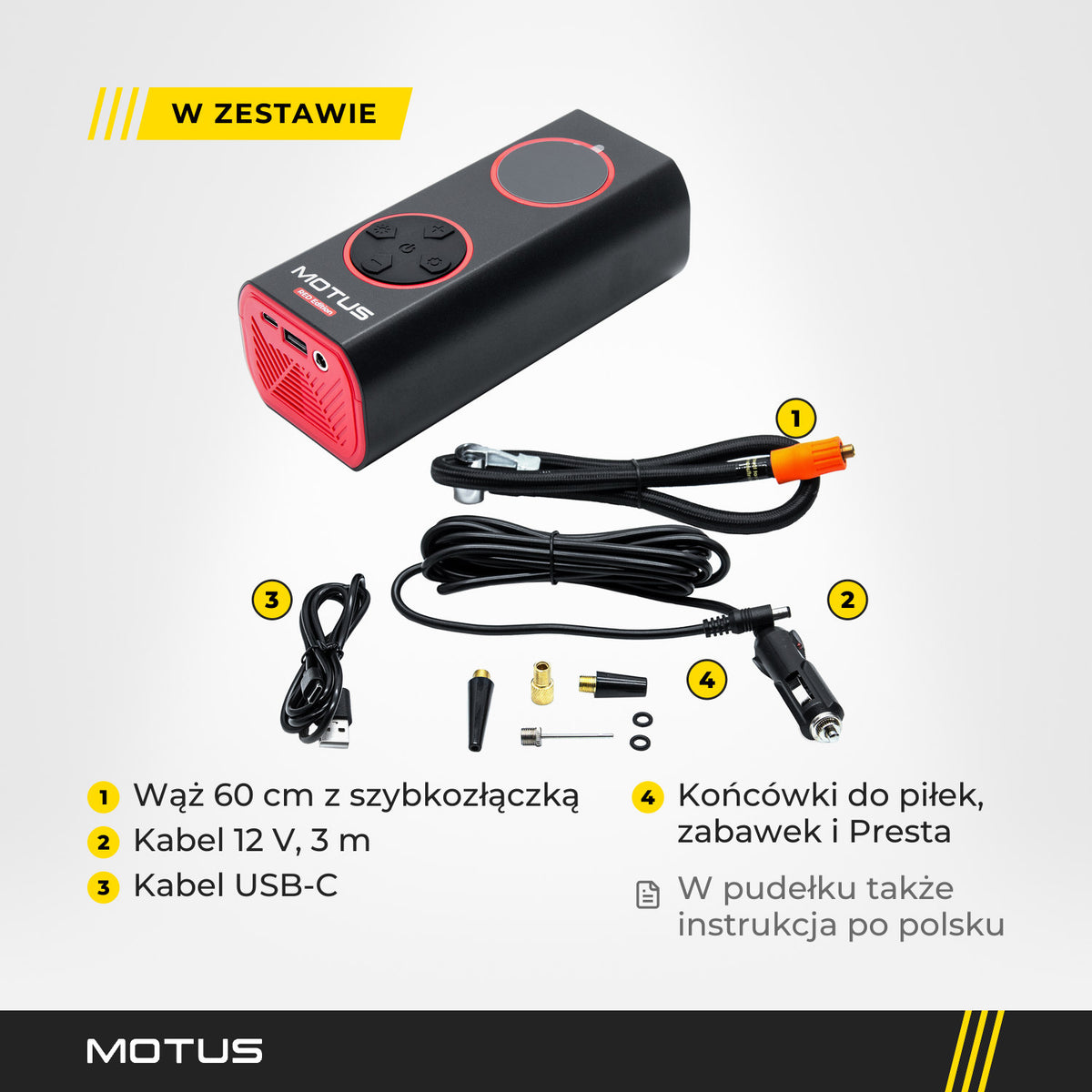 Pompka MOTUS AirPump PRO w kolorze czerwonym z zestawem: wąż 60 cm, kabel 12 V 3 m, kabel USB-C i końcówki.