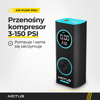 Pompka elektryczna MOTUS AirPump PRO w kolorze turkusowym: przenośny kompresor 3-150 PSI z automatycznym zatrzymaniem.