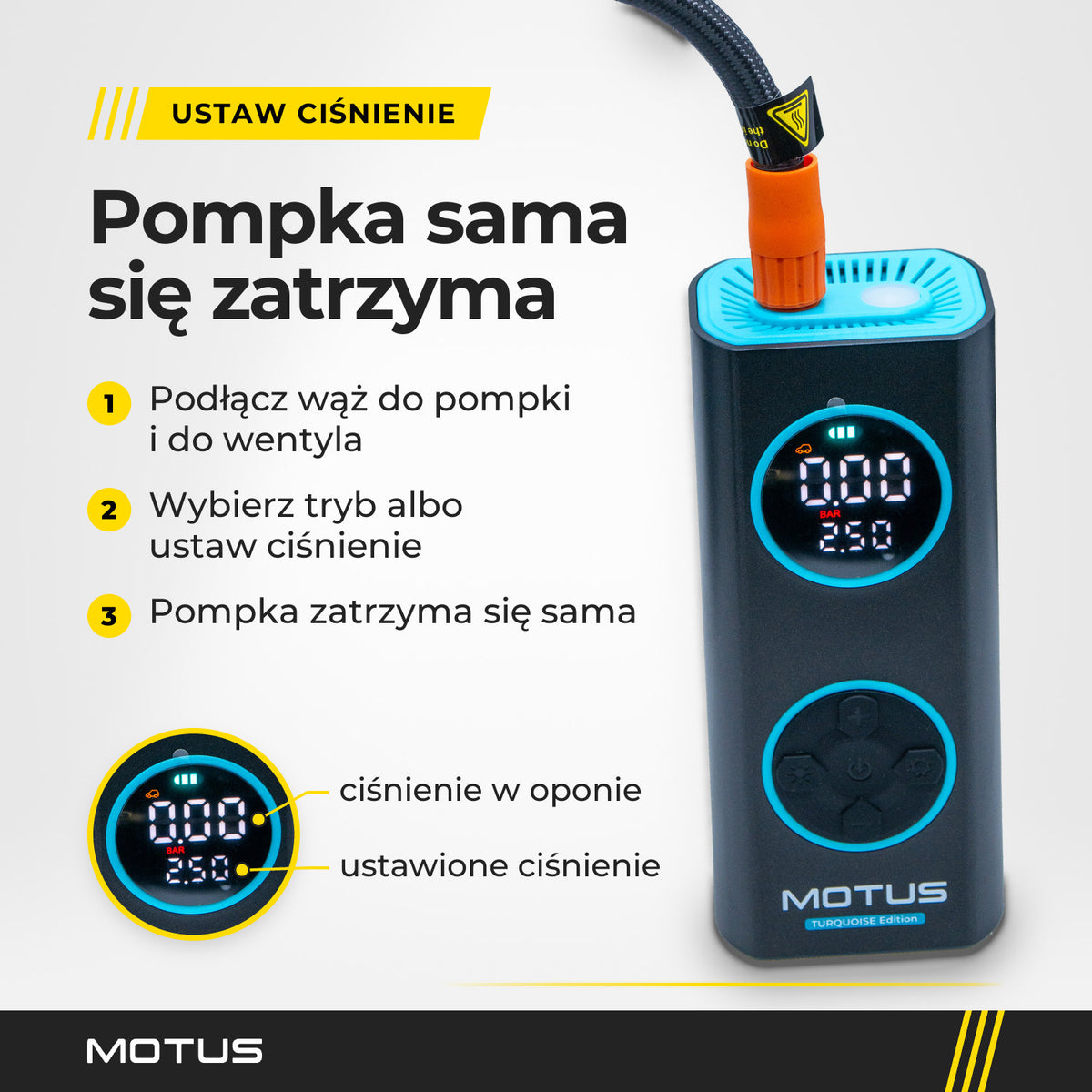 Pompka MOTUS AirPump PRO w kolorze turkusowym z podłączonym wężem i 3 kroki: podłącz wąż, ustaw ciśnienie, pompka zatrzyma się sama.