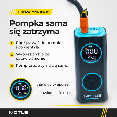 Pompka MOTUS AirPump PRO w kolorze turkusowym z podłączonym wężem i 3 kroki: podłącz wąż, ustaw ciśnienie, pompka zatrzyma się sama.