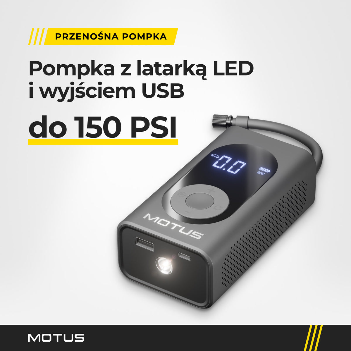 Pompka elektryczna Motus z włączoną latarką LED i portami USB w jasnym studiu, obok napis do 150 PSI.