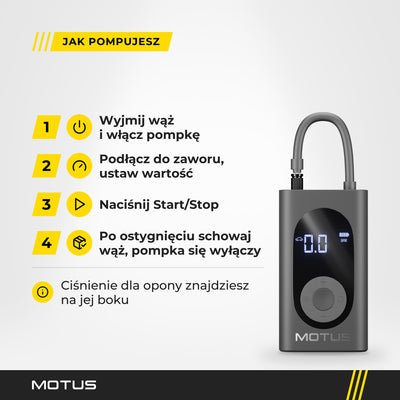 Jak pompować pompką Motus: wyjmij wąż i włącz pompkę, podłącz do zaworu, ustaw wartość, naciśnij start, a po ostygnięciu schowaj wąż.
