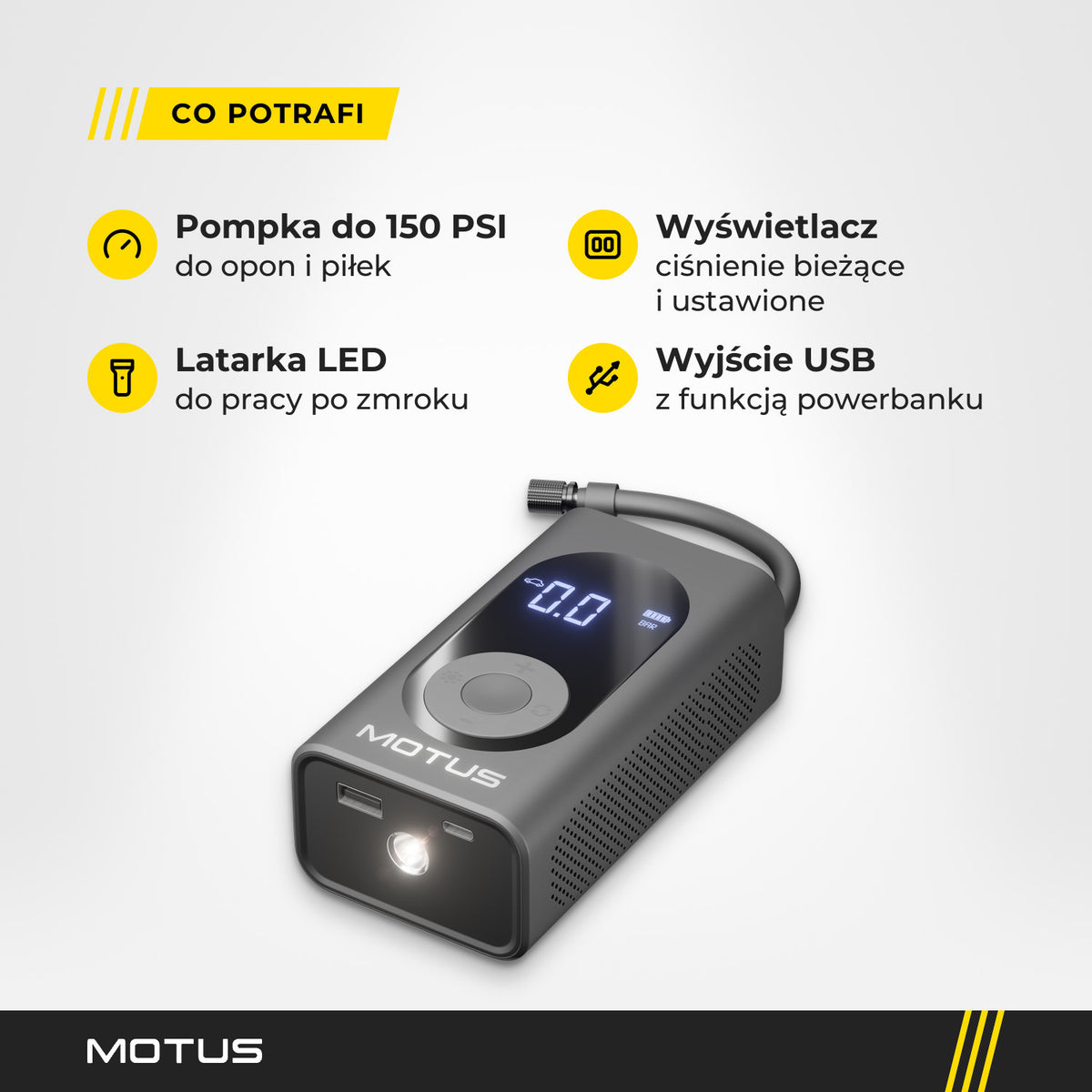 Pompka Motus z portami USB i latarką LED: pompowanie do 150 PSI, wyświetlacz ciśnienia bieżącego i ustawionego, wyjście USB.
