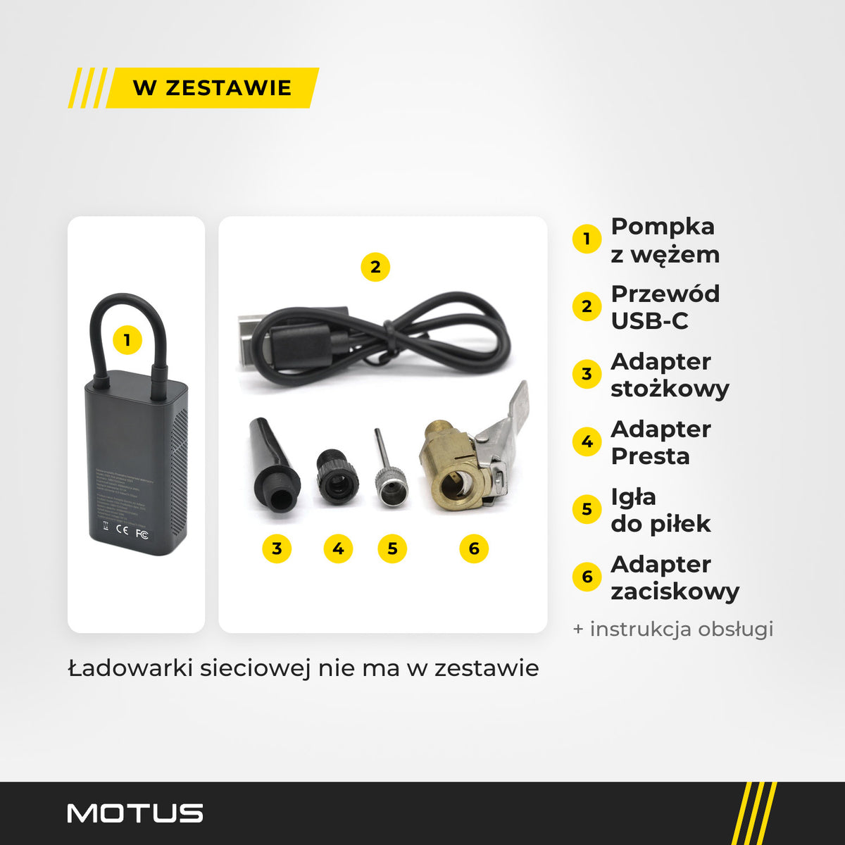 Zestaw pompki Motus: pompka z wężem, przewód USB-C, adapter stożkowy, adapter Presta, igła do piłek i adapter zaciskowy.