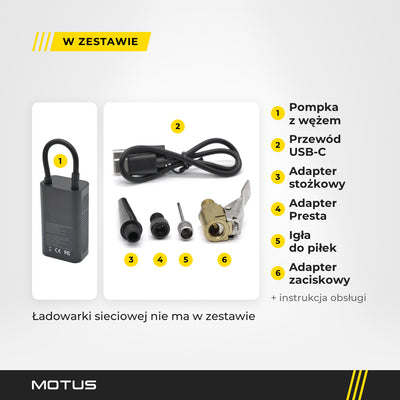Zestaw pompki Motus: pompka z wężem, przewód USB-C, adapter stożkowy, adapter Presta, igła do piłek i adapter zaciskowy.