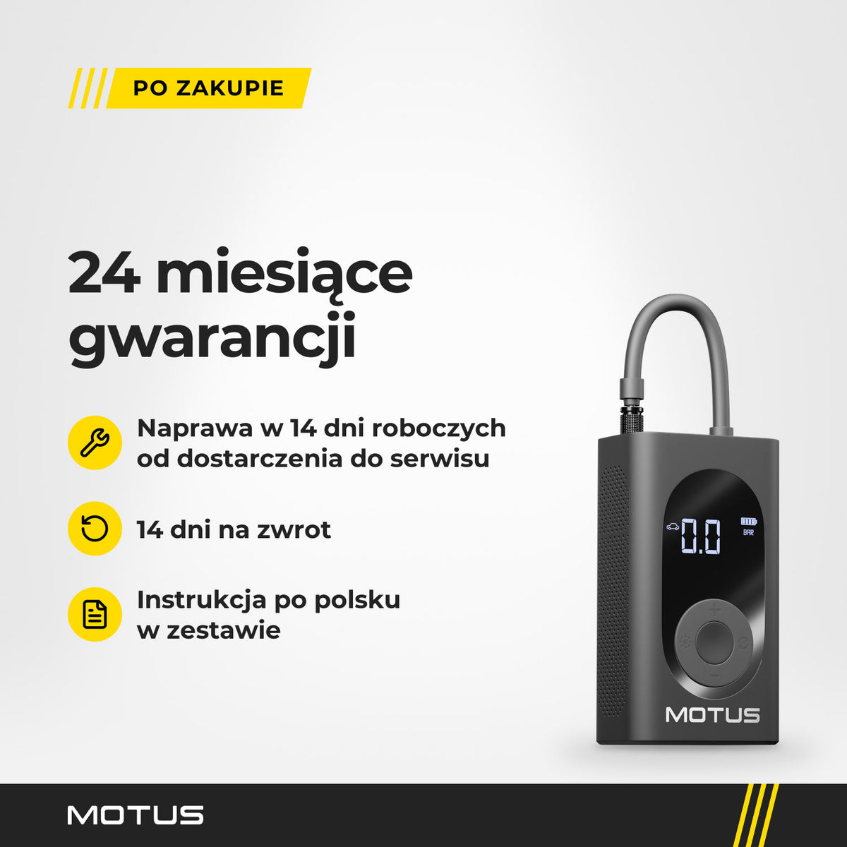 Pompka Motus z 24-miesięczną gwarancją, naprawą w 14 dni roboczych i instrukcją po polsku w zestawie, w jasnym studiu.