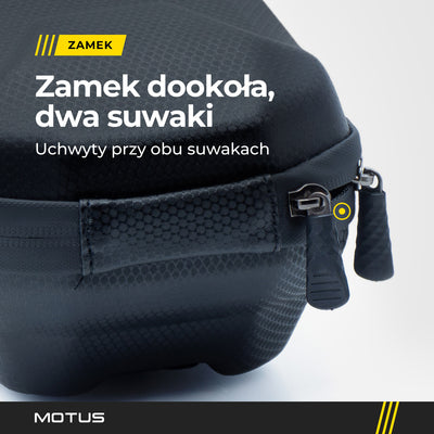 Zbliżenie zamka sakwy 3L MOTUS Black Edition: dwa suwaki z uchwytami.