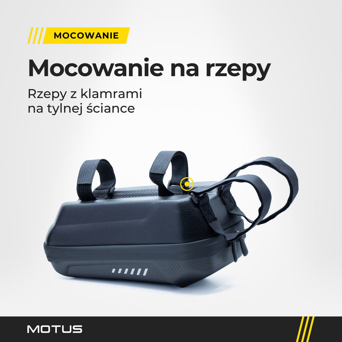 Sakwa 3L MOTUS Black Edition od strony mocowania: czarne rzepy z klamrami.