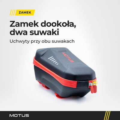 Sakwa 3L MOTUS Red Edition od strony suwaków: czerwony zamek dookoła i dwa suwaki z czerwonymi uchwytami.