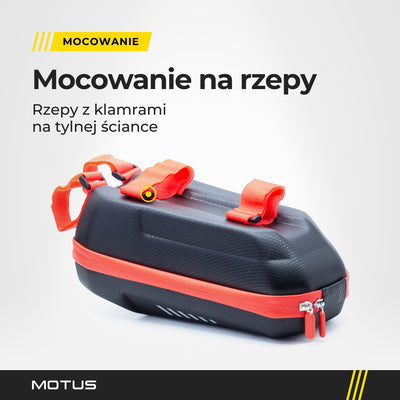 Sakwa 3L MOTUS Red Edition od strony mocowania: czerwone rzepy z klamrami.