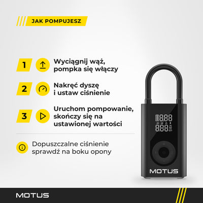 Jak pompować pompką MOTUS V2: wyciągnij wąż, nakręć dyszę, ustaw ciśnienie i uruchom pompowanie, które kończy się na ustawionej wartości.