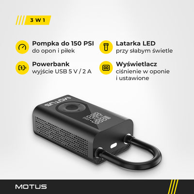 Pompka MOTUS V2 z diodą LED między złączami węża: pompowanie do 150 PSI, latarka LED, powerbank 5 V / 2 A i cyfrowy wyświetlacz ciśnienia.