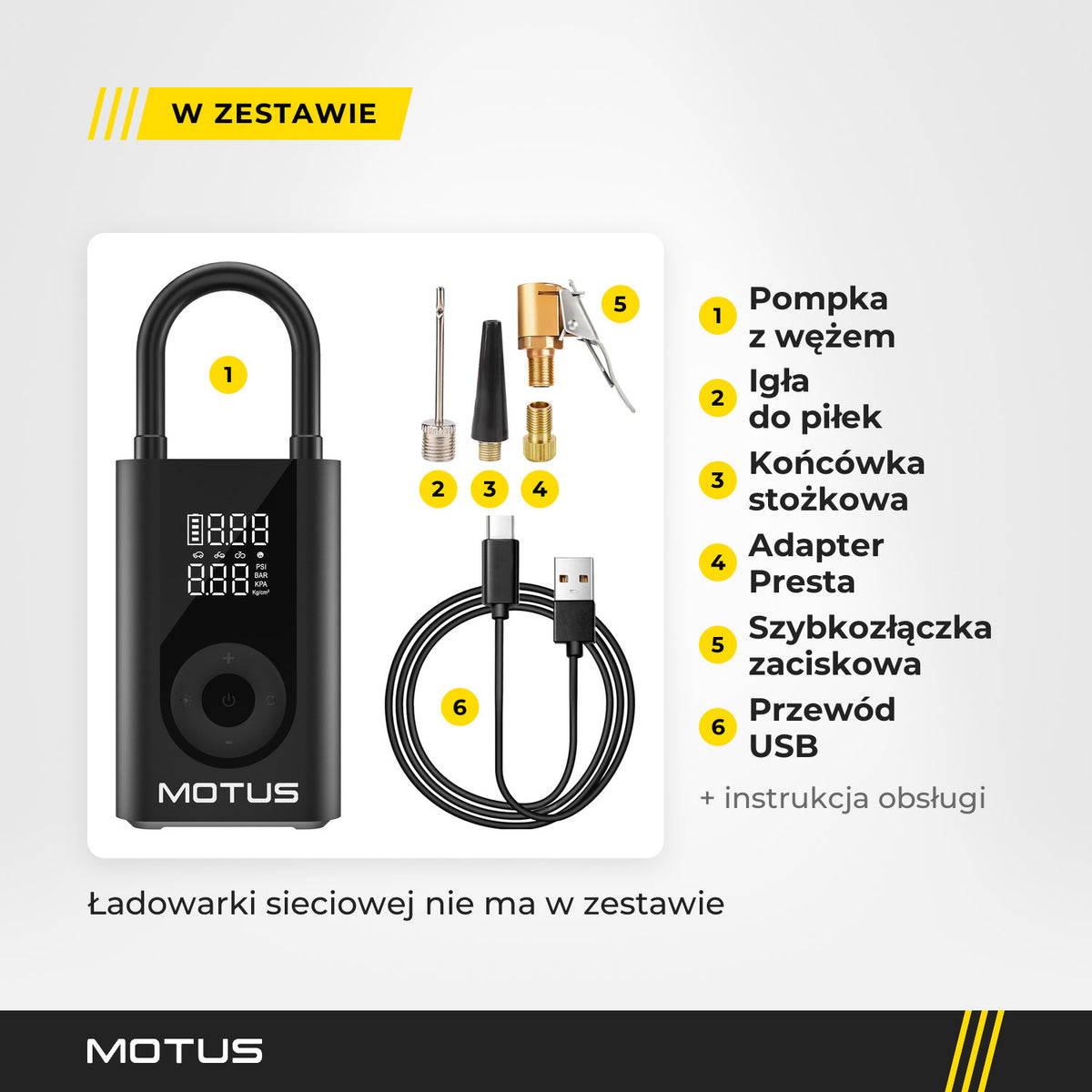 Zestaw pompki MOTUS V2: pompka z wężem, igła do piłek, końcówka stożkowa, szybkozłączka zaciskowa, adapter Presta i przewód USB.