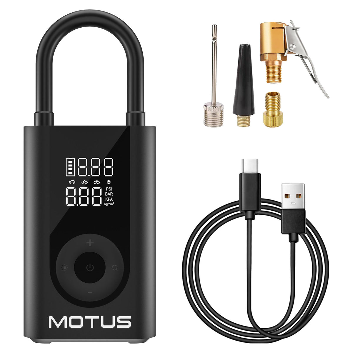 Zestaw pompki MOTUS V2 na białym tle: pompka z wężem, igła do piłek, końcówka stożkowa, szybkozłączka, adapter Presta i przewód USB.