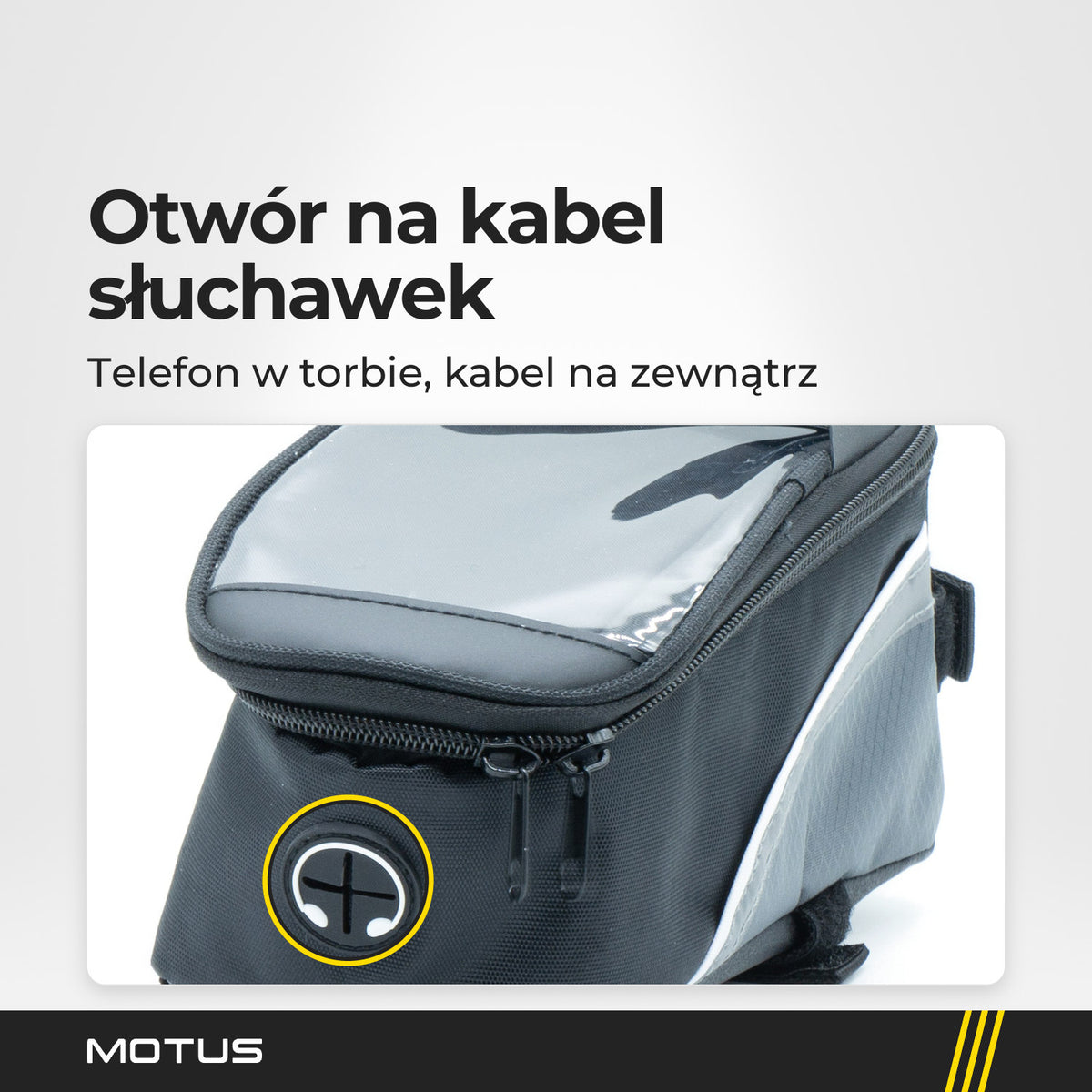 Przód torby rowerowej na ramę MOTUS z bliska: gumowy otwór na kabel z symbolem słuchawek i dwa suwaki zamka.