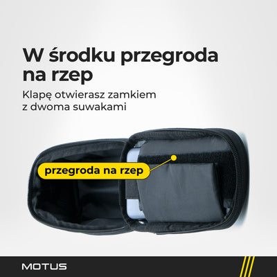 Otwarta torba rowerowa na ramę MOTUS: odchylona klapa, czarna podszewka i szara przegroda na rzep w środku.