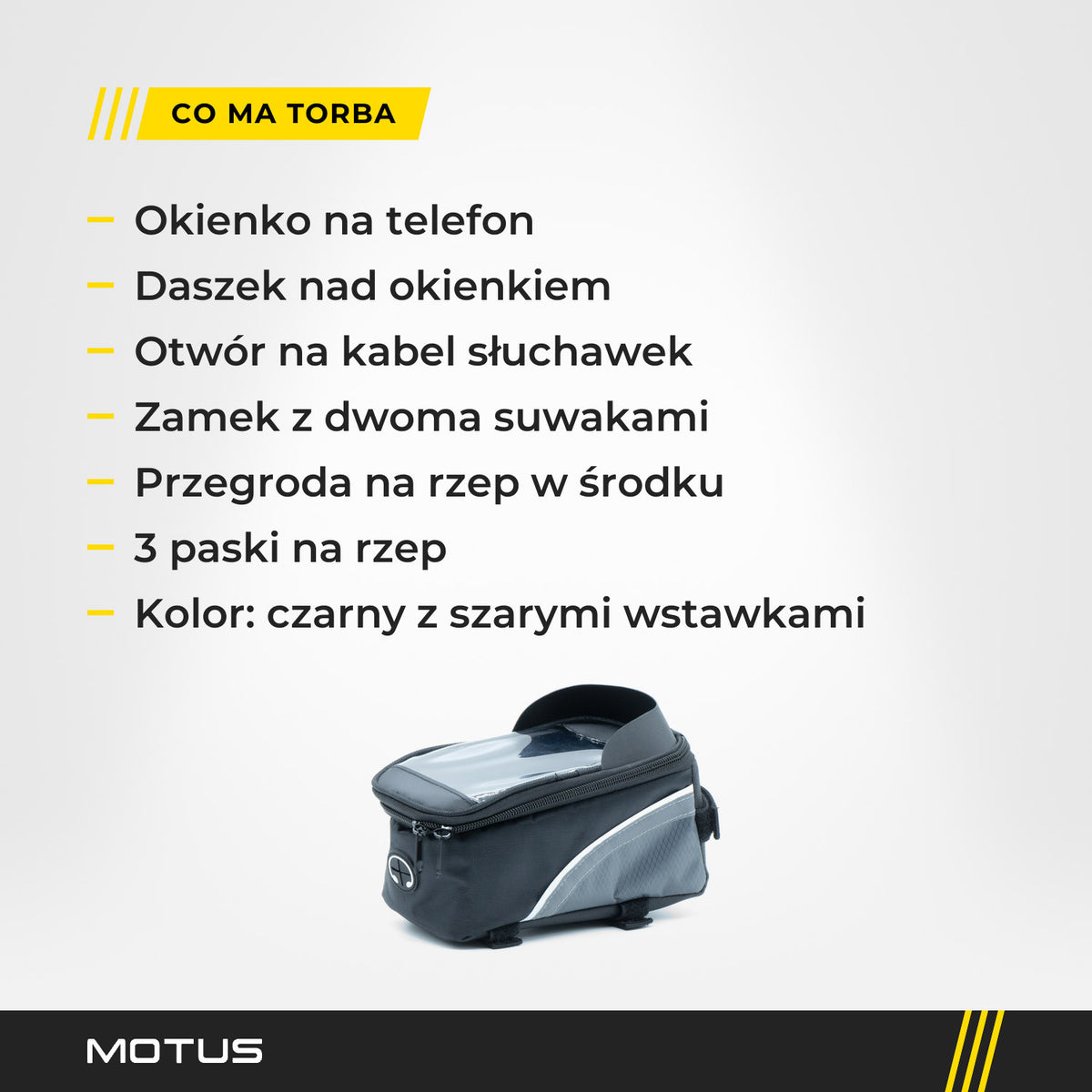 Torba rowerowa na ramę MOTUS i jej cechy: okienko na telefon, daszek, otwór na kabel słuchawek, zamek, przegroda, 3 paski na rzep.