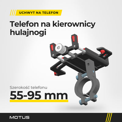 Aluminiowy uchwyt na telefon MOTUS PRO Red z obejmą na kierownicę i srebrnym pokrętłem, widok z góry w jasnym studiu.