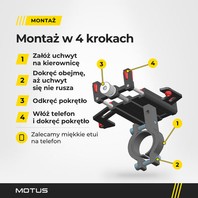 Montaż uchwytu MOTUS PRO Red: obejma na kierownicę, dokręcenie obejmy, odkręcenie pokrętła, telefon między szczękami i dokręcenie pokrętła.