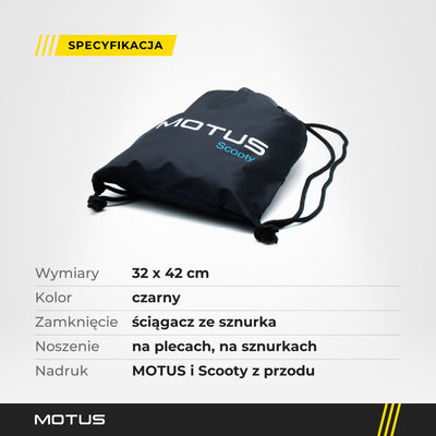Specyfikacja worka MOTUS Scooty: 32 x 42 cm, czarny, zamykany ściągaczem ze sznurka, noszony na plecach, nadruk MOTUS Scooty.
