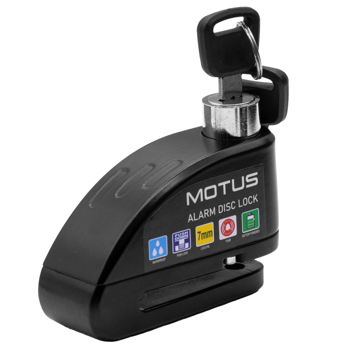 Blokada tarczy hamulcowej z alarmem MOTUS Alarm Lock, czarna, z kluczykiem w zamku i drugim kluczykiem na kółku, na białym tle.