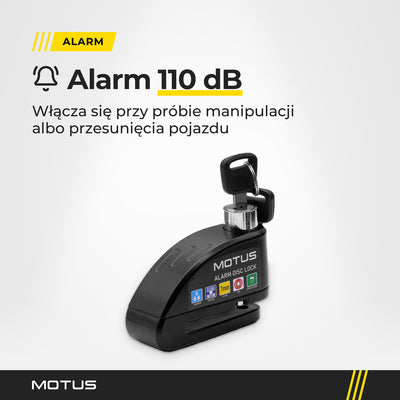 Blokada MOTUS Alarm Lock z kluczykiem w zamku i alarm 110 dB, który włącza się przy próbie manipulacji albo przesunięcia pojazdu.