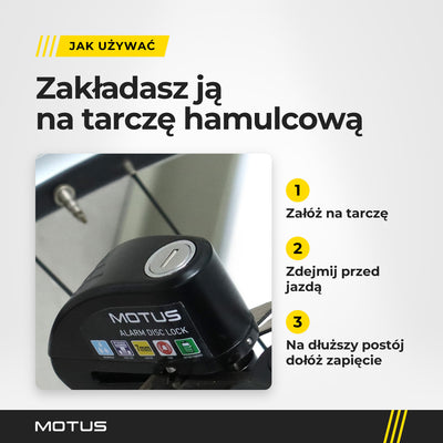 Blokada MOTUS Alarm Lock założona na tarczę hamulcową koła roweru, obok 3 kroki: załóż, zdejmij przed jazdą, na dłuższy postój dołóż zapięcie.