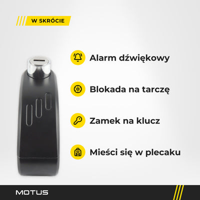 Blokada MOTUS Alarm Lock od czoła i 4 korzyści: alarm dźwiękowy, blokada na tarczę hamulcową, zamek na klucz, mieści się w plecaku.