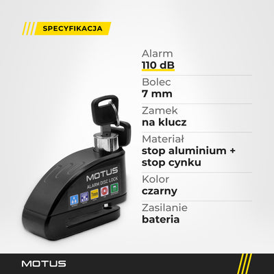 Specyfikacja blokady MOTUS Alarm Lock: alarm 110 dB, bolec 7 mm, zamek na klucz, stop aluminium i stop cynku, kolor czarny, zasilanie z baterii.
