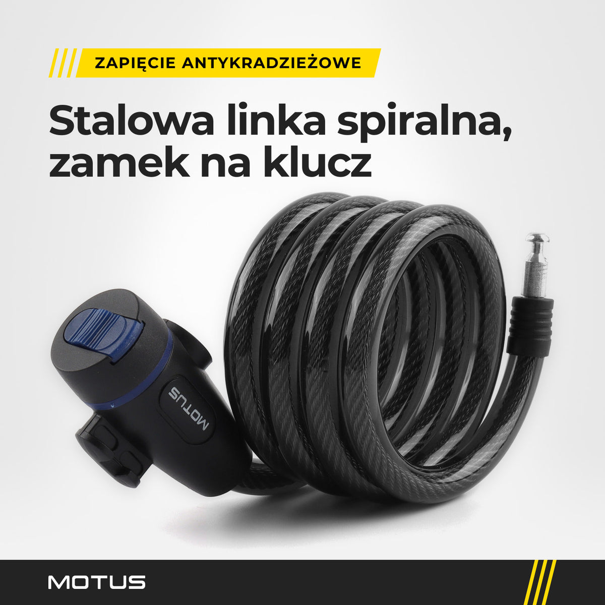 Spiralne zapięcie antykradzieżowe MOTUS: czarna stalowa linka zwinięta w spiralę i zamek na klucz z logo MOTUS.
