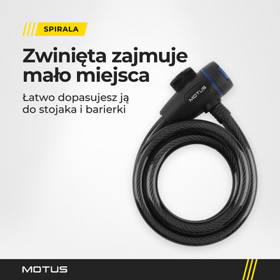 Zapięcie MOTUS zwinięte w pętlę: elastyczna stalowa linka w osłonie, u góry zamek z logo MOTUS.