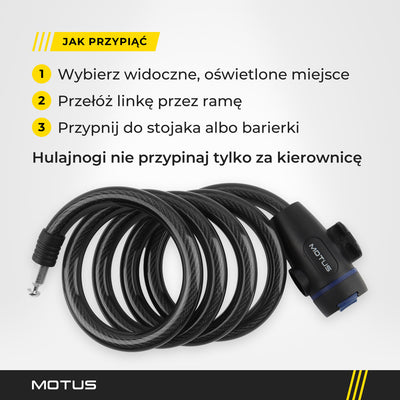 Rozpięte zapięcie MOTUS: spiralna linka z końcówką z bolcem po lewej i zamkiem na klucz po prawej.